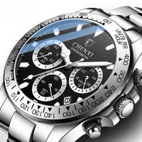 chenxi brand men sport watch chronograph black silver stainless steel water resistance mens wristwatch mulit function calendar