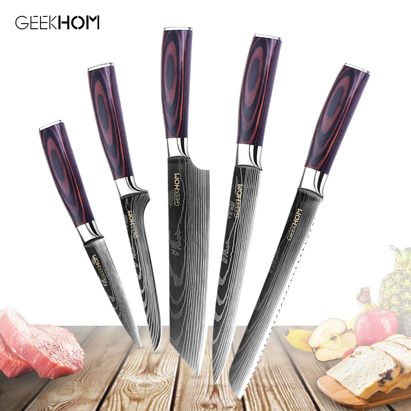Набор кухонных ножей японских шеф повара сантоку дамасский узор для овощей хлеба