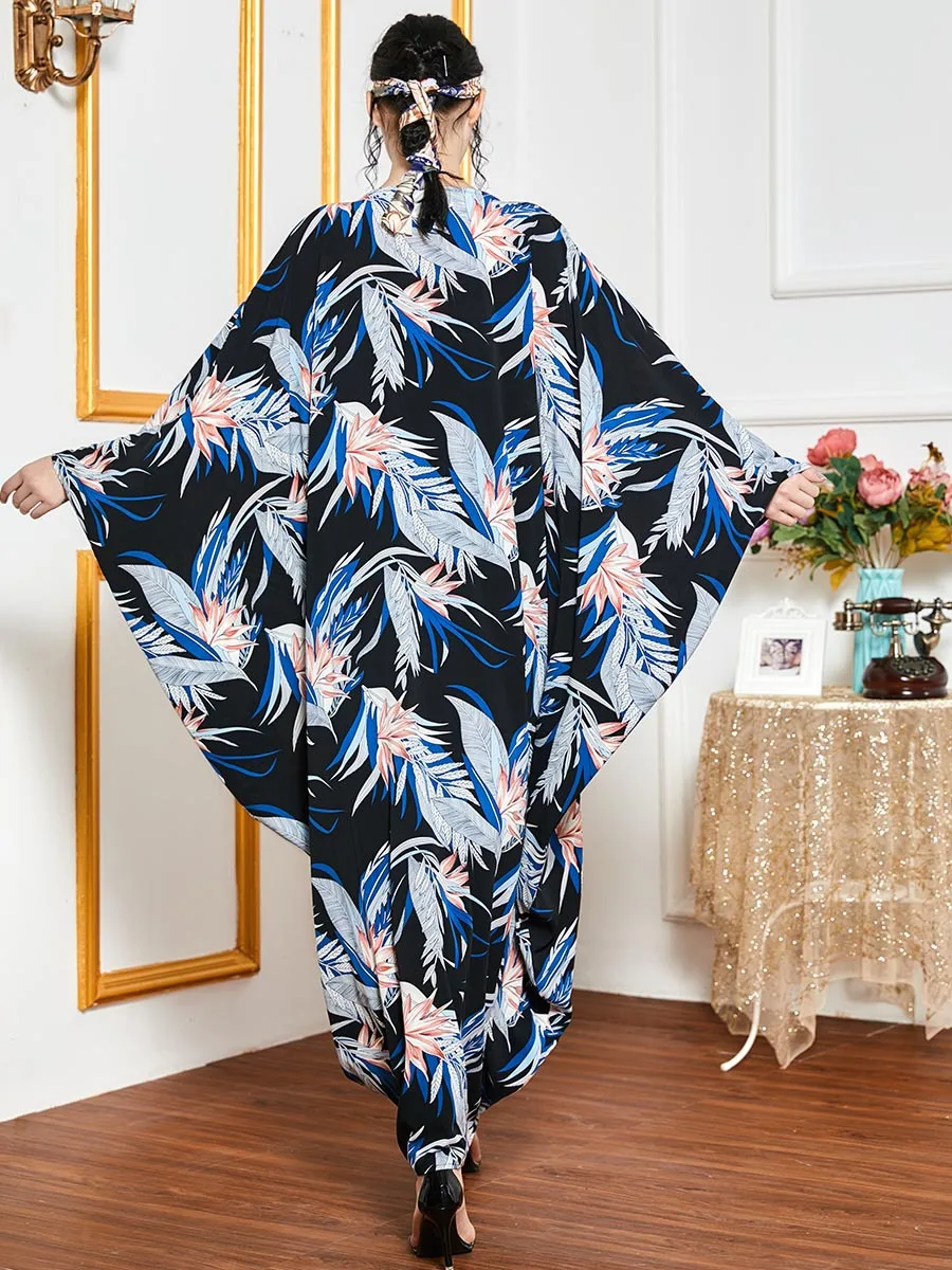 Платье-кимоно женское с принтом листьев и рукавами летучая мышь | Женская одежда