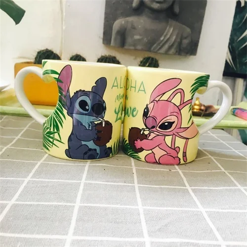 yellow 01 02 350 мл Дисней Ститч мультфильм чашка для воды Молоко Кофе Чай керамические кружки домашний офис Коллекция чашки любовь пара фестиваль подарки - Цвет: yellow 01 02