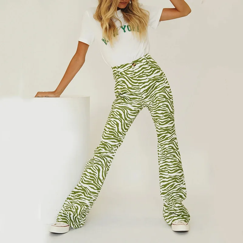 

Green Zebra Print Flare Pant Trousers Sexy High Waist Autumn Women New 2021 Fashion Casual Female Trousers Streetwear Pants