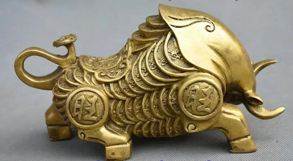 7&quot Chinese Folk Feng Shui Brass Wealth Coin Rich strong Zodiac Bull Oxen Statue | Дом и сад