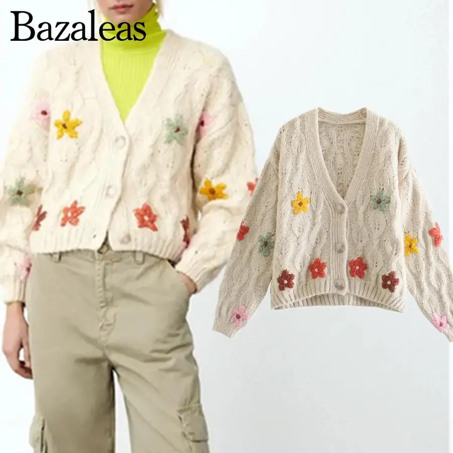 

Однобортный трикотажный жакет Bazaleas, свитера, женские топы, кардиганы, женские вышитые звезды с цветами