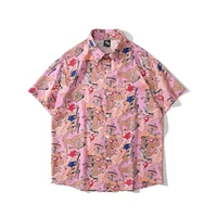 men shirt short sleeve pink purple 2022 new arrival summer loose cartoon character male shirt thin korean style hot sale s89
