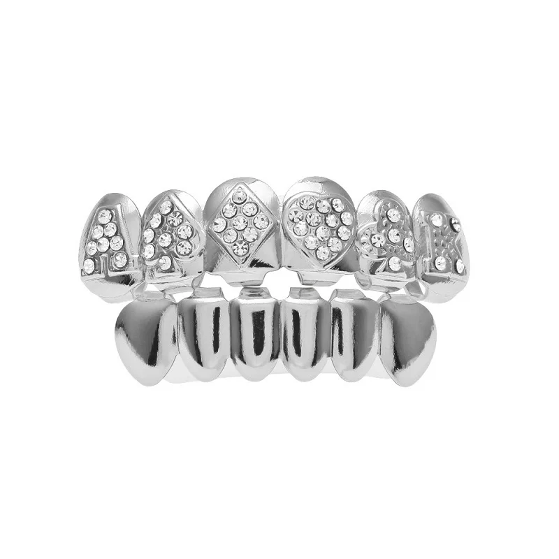 Silver Set Хип-хоп мужские 6 верхних и нижних зубов Золото Серебро игральные карты Ложные зубы Grillz набор Bump решетки зубные грили для украшения тела - Окраска металла: Silver Set