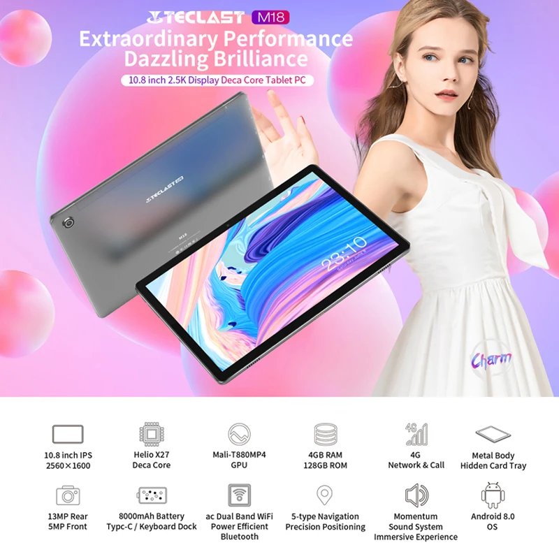 Teclast M18 4G Телефонный звонок Android 8 0 10 дюймов Helio X27 2 6 GHz Deca core CPU 4 Гб RAM 128 ГБ ROM 13.0MP + 5.0MP
