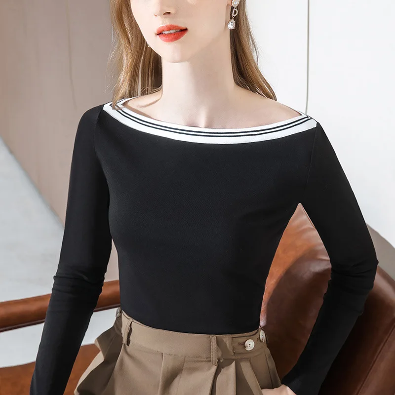 

Long sleeve T-shirt women's autumn new women's wear cotton T-shirt contrast Navy style clavicle shoulder top
