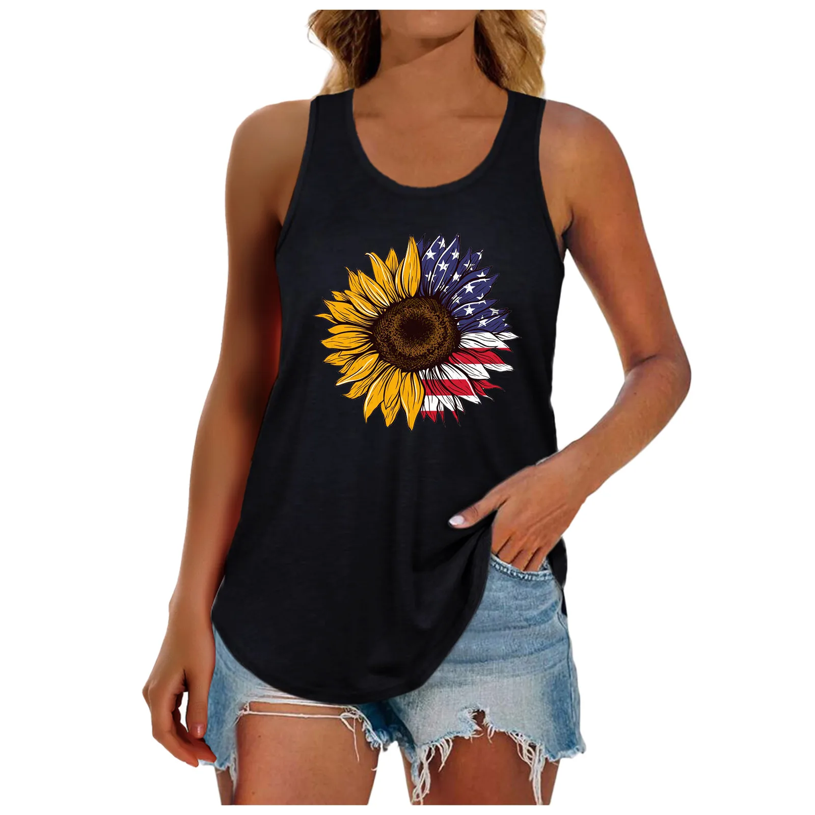 

Womens Top Summer Sleeveless Independence Day Sunflower Printed Racerback Tank Tops Casual Vest Camisole Shirt Plus Size Blouse