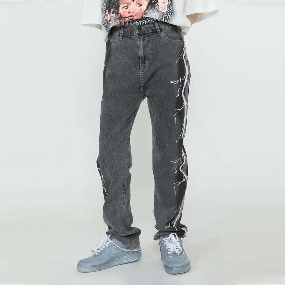 2021 Stylish Side Lightning Print Punk Vintage Men Oversize Jeans Trousers Distressed Hip Hop Straight Casual Baggy Denim Pants