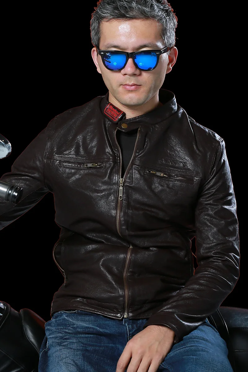 

New Men's Factory Genuine Motorcycle Leather Jacket Black/Brown Stand Collar Vegetable tanning Goatskin Biker Jackets
