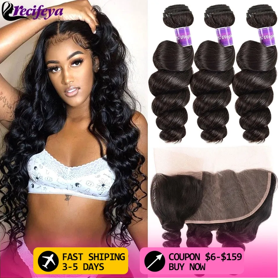 Transparent Lace Frontal With Bundles Brazilian Loose Wave Hair Bundles With Frontal 10A Human Hair 2/3/4 Bundles With Closure