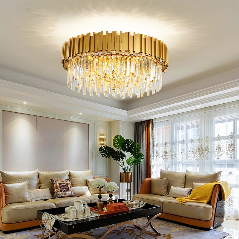 Candelabros de cristal de lujo de oro moderno, iluminación LED, sala de estar de techo para accesorio de luz, Hotel, lámpara colgante de decoración