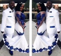 white satin african mermaid prom evening dresses long illusion sleeves royal blue lace appliqued party gowns robe soir%c3%a9e femme