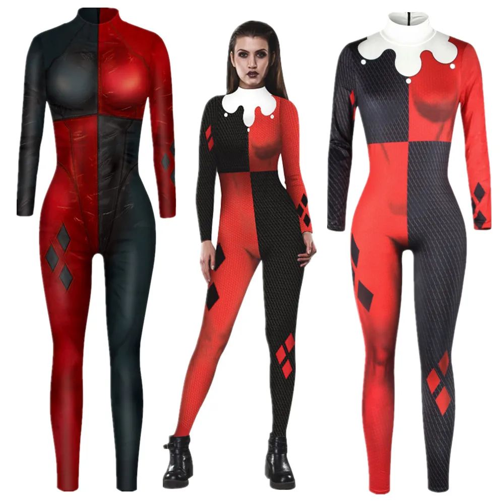 Harleen Quinzel Superhero Jumpsuit Catsuit Sexy Women Cosplay Costumes Halloween Bodysuit