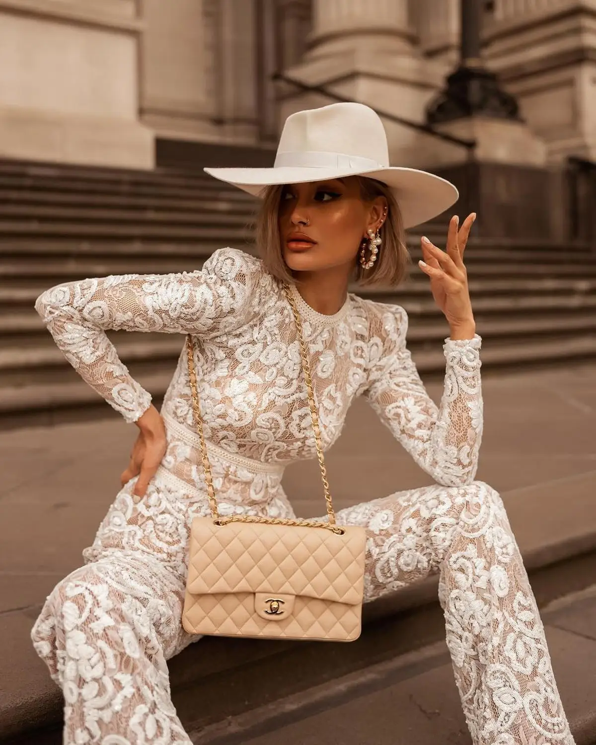Женский комбинезон с длинным рукавом Sexyboutique Белый Жаккардовый кружевной
