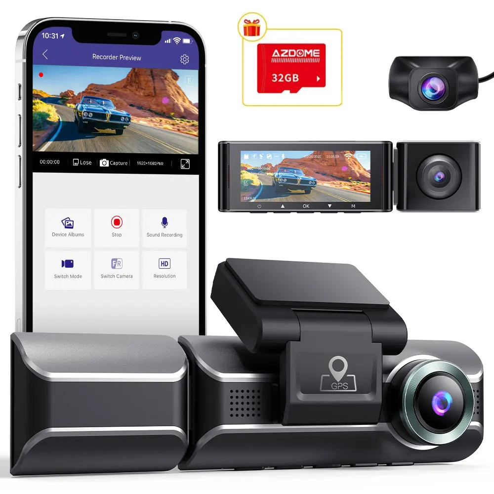 

Car DVR 3 Channel Dash Cam, Front Inside Rear Three Way Car Dash Camera, 4K+1080P Dual Channel, With GPS, WiFi, IR Night Vision