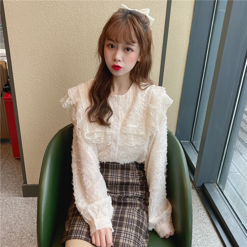 Женская кружевная блузка Gagarich свободная в Корейском стиле с рукавами фонариками