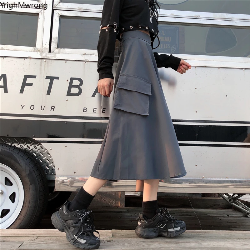 Женская длинная юбка миди в стиле Харадзюку черная серая Свободная с