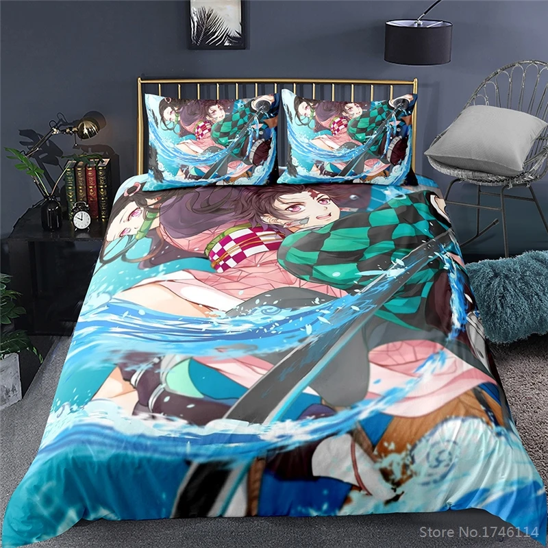 

Demon Slayer Kamado Tanjirou Printed Bedding Set 3D Anime Duvet Cover with Pillowcase Soft Bed Linens Bedclothes Home Textile