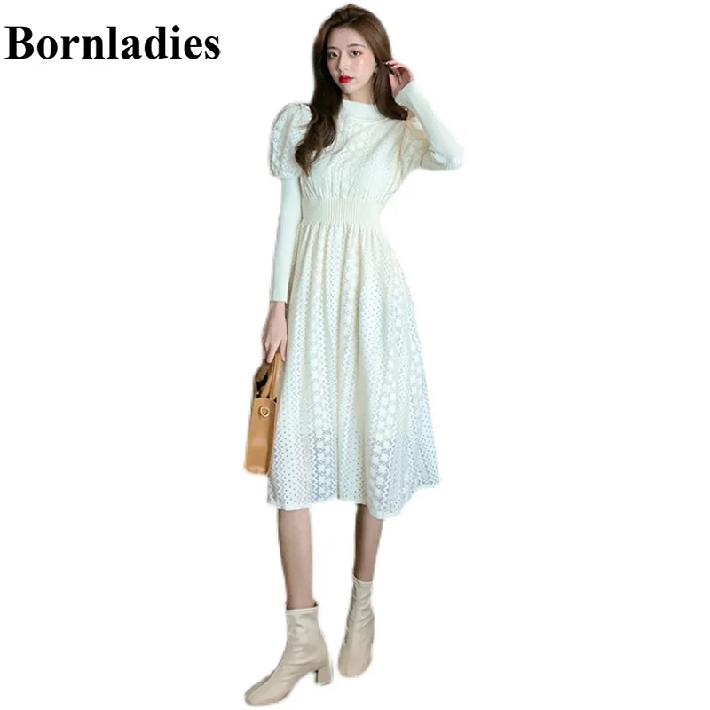 

Bornladies 2021 New Spring Long-sleeved Korean Japan Trendy Style Sweet Dress Lace Knitted Patchwork Elegant Vintage Dresses