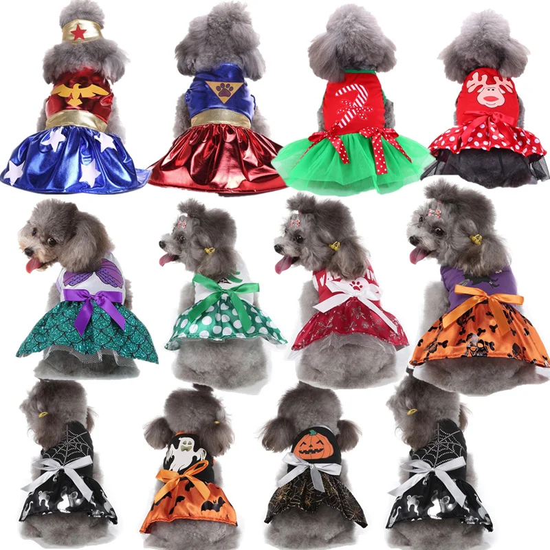 

Christmas Dog Clothes Elk Printed Dog Cat Dresses Halloween Princess Cartoon Clothes for Small Dog Clothes Pet Costume