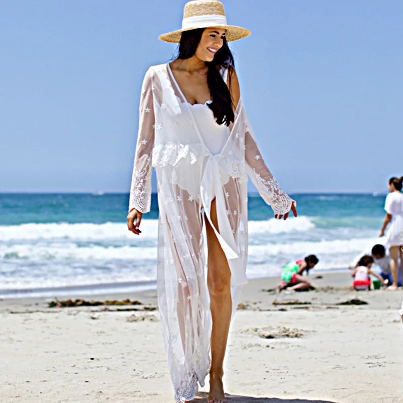 Сексуальное длинное кружевное летнее пляжное платье белое вязаное крючком