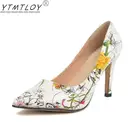 Женские босоножки на высоком каблуке, сине-белые сандалии с фарфоровым принтом, Размеры 35-43, для лета