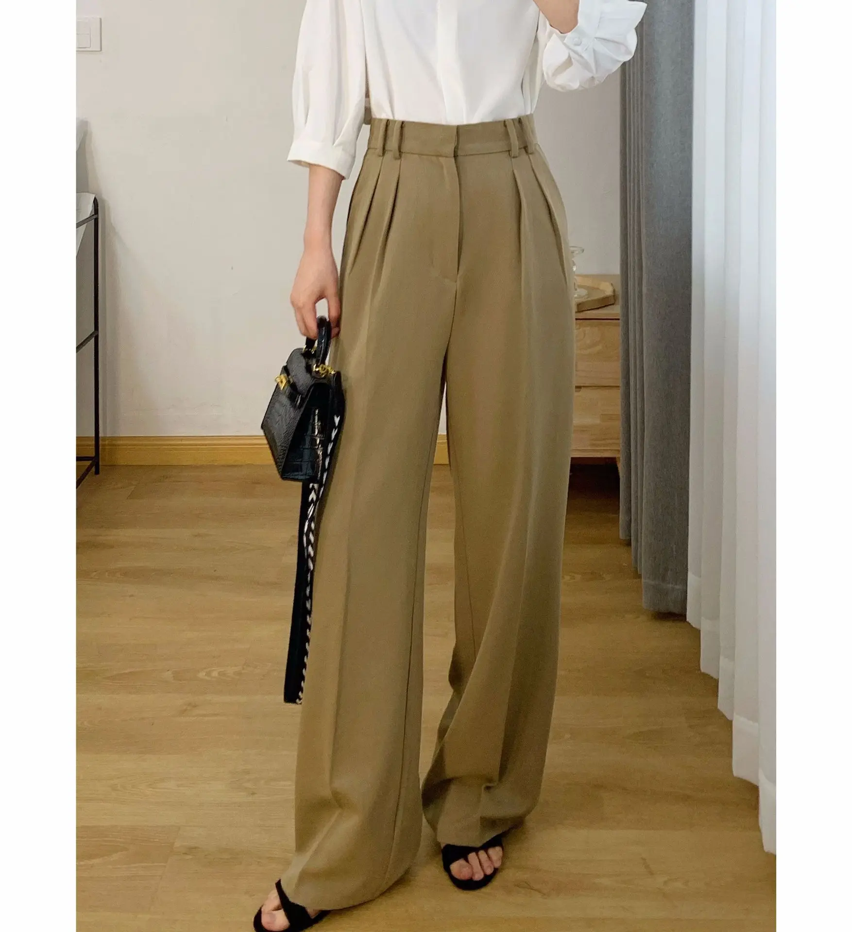 

2021 early spring's famous cattle goods visual sensation long leg high waist straight tube wide leg floor pants suit pants for
