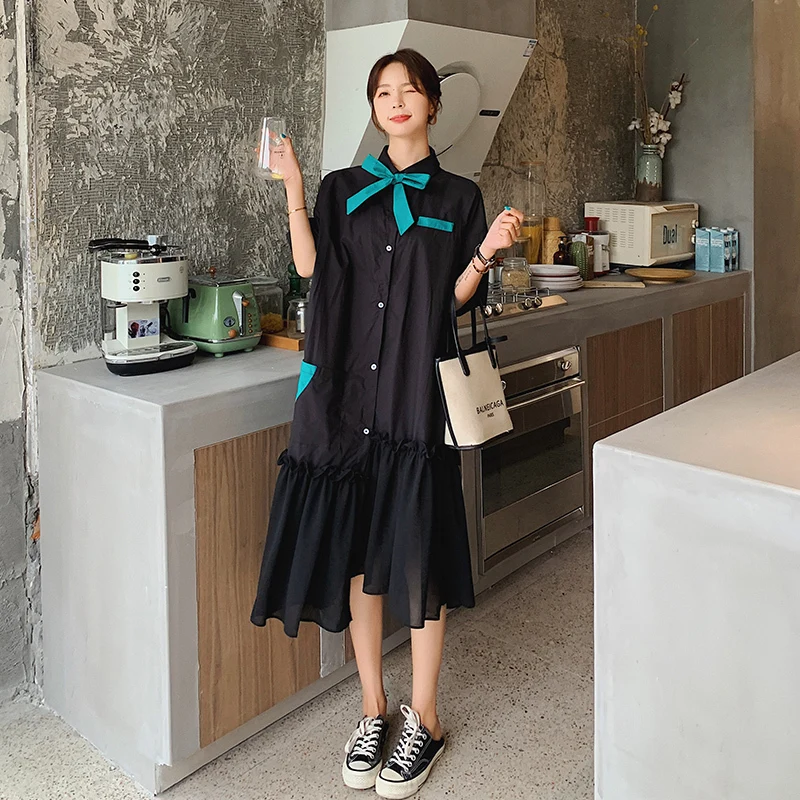 

2021 Elegant Series Spring Summer Fashion Loose Black Irregular Dress Long Korean Office High Quality Women Clothing Vestido
