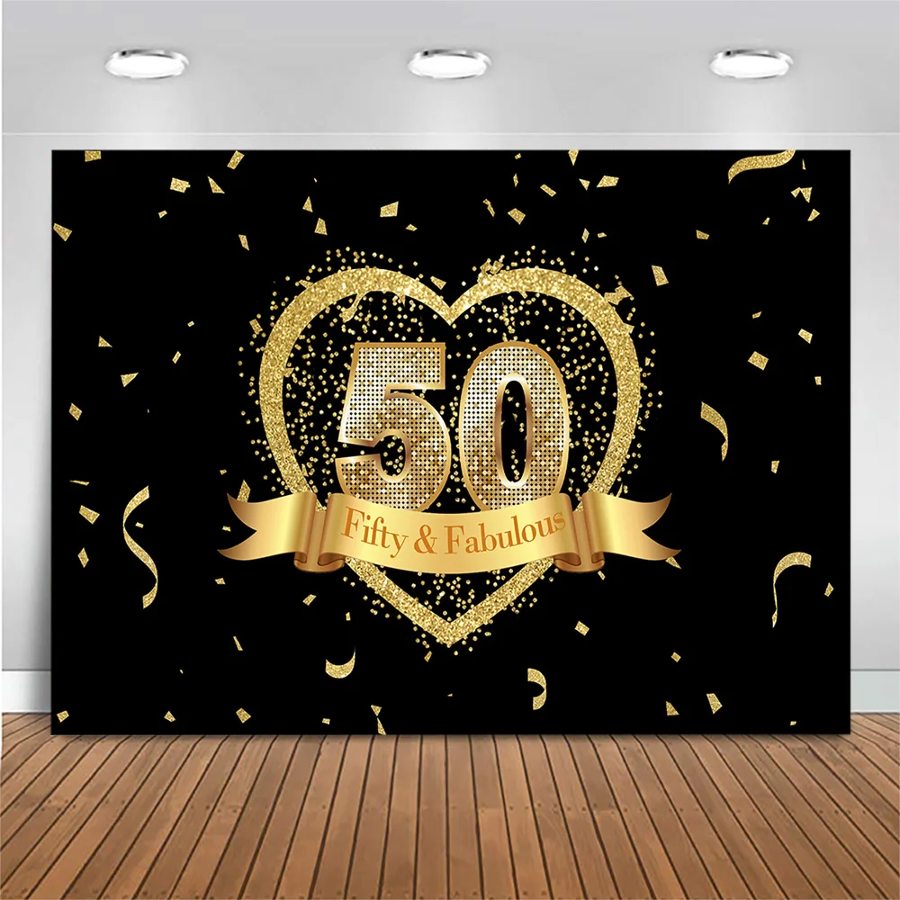 

50th Birthday Party Backdrop Golden Glitter Loving Heart Photo Background Fifty & Fabulous Birthday Party Photocall Photo Studio