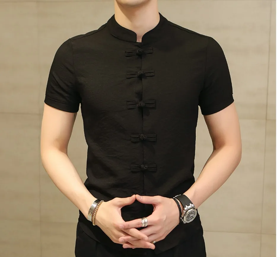 

Традиционная китайская одежда для мужчин, хлопковая льняная рубашка с короткими рукавами в китайском стиле, костюм кунг-фу тай-чи Тан, Стиль...