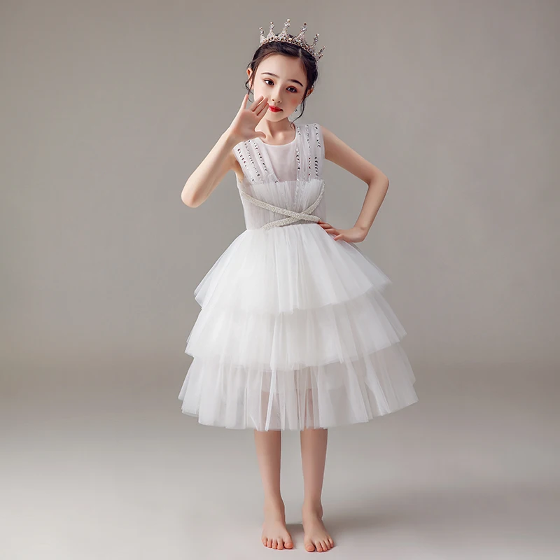 

Flower Girls Dresses Beading Princess Pearls Sequined Ball Gown Tiered Knee-Length Lace Tulle O-Neck White Kids Party Dress D178