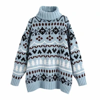 Zoulv Autumn and Winter New Womens Casual Simple Loose Slimming Sweater Geometric Pattern Jacquard Design Knitted Sweater Top
