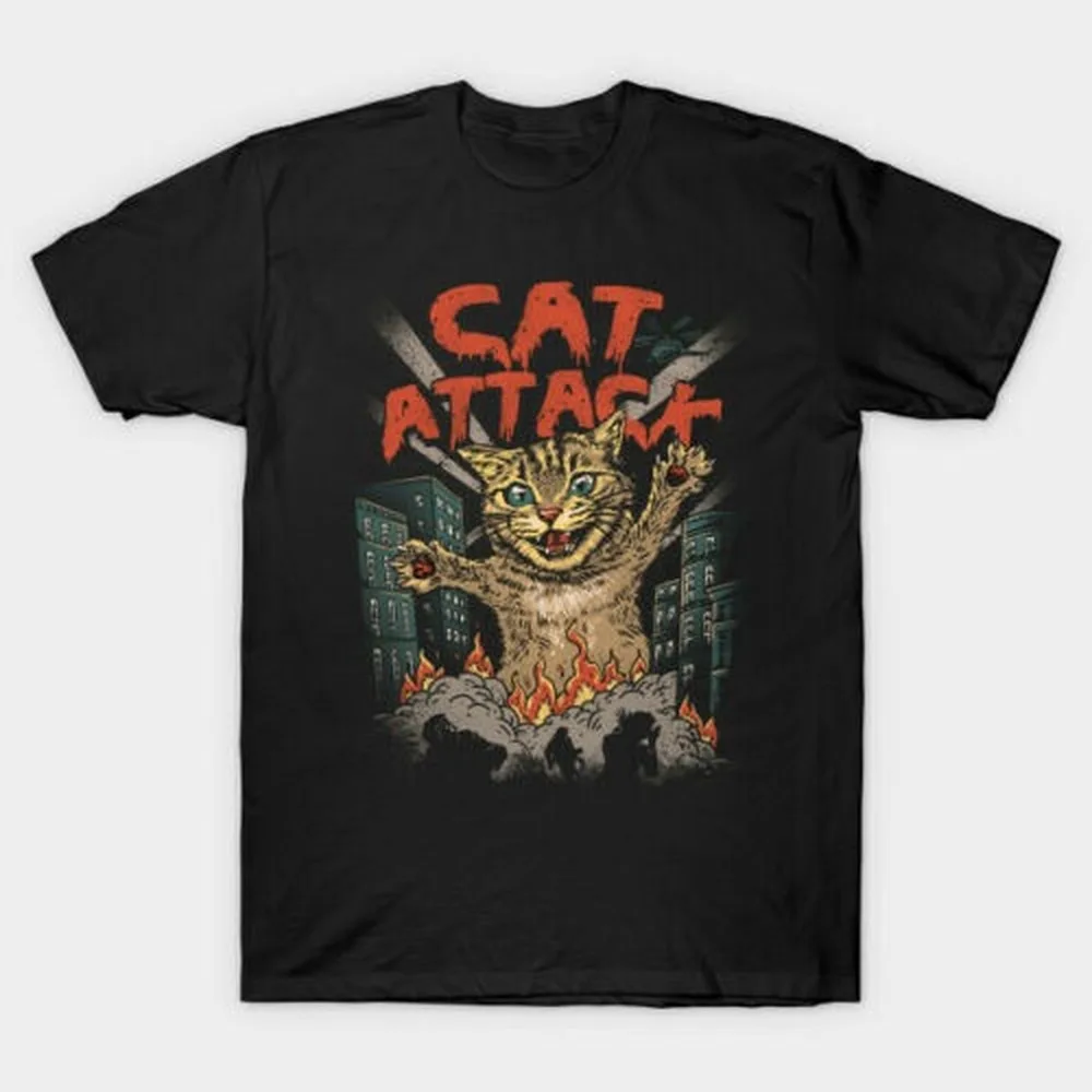 

Cat Attack Pet Animal Destroy Cute Monster Funny Black T-shirt S-3XL