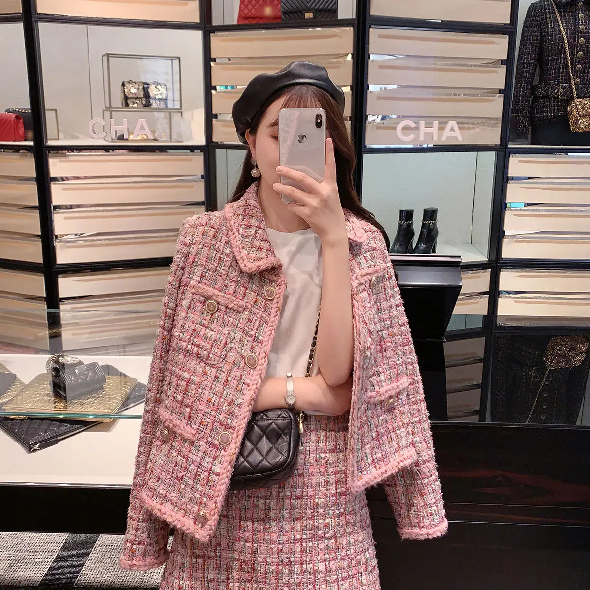 2021 Autumn New Pink Tweed Female Coat For Women Suits Skirt  Elegant Socialite ChanNel Style Suit Two-piece Set Chandal Mujer