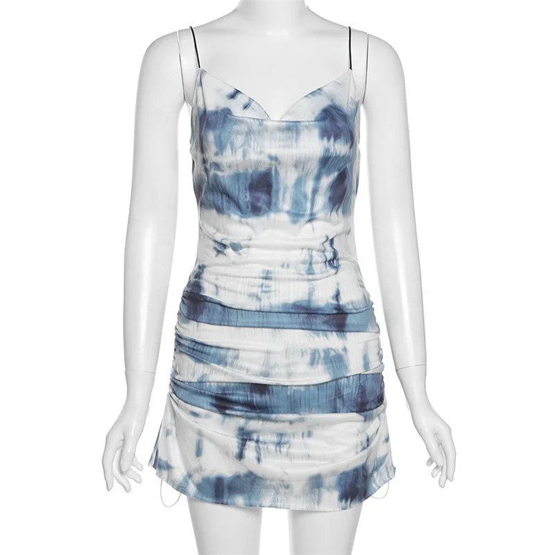 

European And American Style 2021 Summer New Female Fit High Waist Fashion Tie-Dye Pleated Sexy Suspender Dress Dropshipping