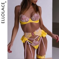 ellolace ruffled lingerie fancy floral embroidery erotic underwear set unlined bra kit push up kiss garters lace intimate