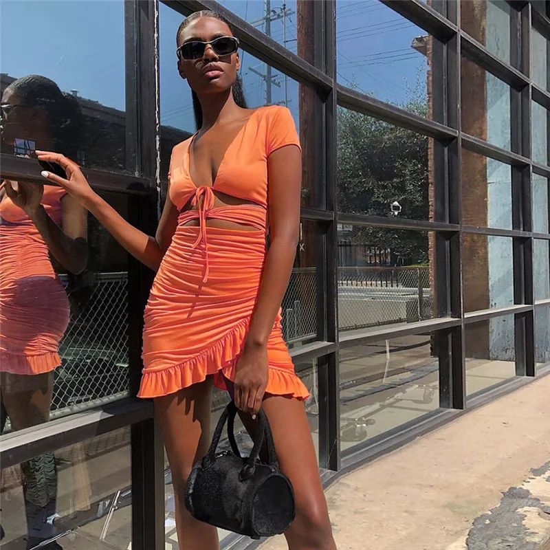 

Summer Sexy Women Clothes Short SLeeve V Neck Ruffles Bandage Mini Dress Elegant Party Club Ladies Dresses