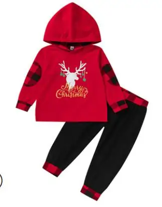 

Girl Boys Christmas Clothes Set Deer Print Long Sleeve Hooded Tops+Plaid Print Trousers Kids Sets