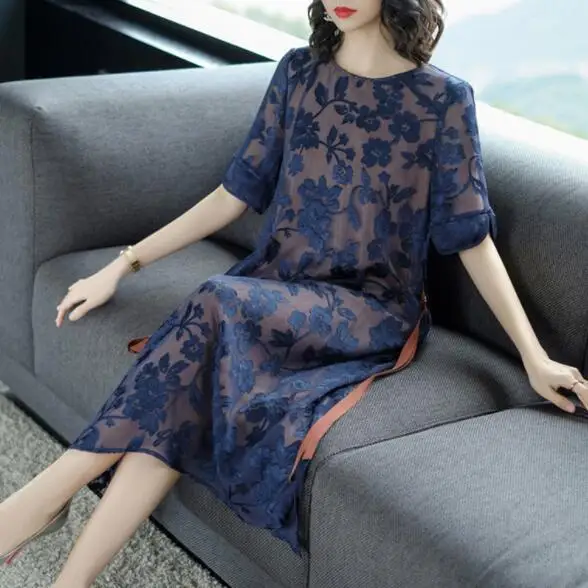 Новинка 2019 летнее женское платье с коротким рукавом синее плотное круглым