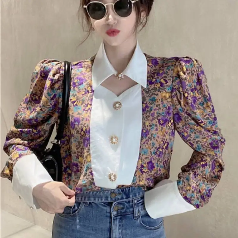 

Women's top elegant spring Korean fashion temperament hollow floral chiffon lapel puff sleeve shirt ladies