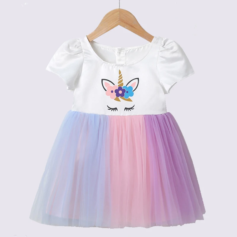 Girl Mesh Unicorn Ball Gown Dress Kid Summer Short Sleeve Cute Dresses Vestido Lace Clothing Children Birthday Party For Girls | Детская
