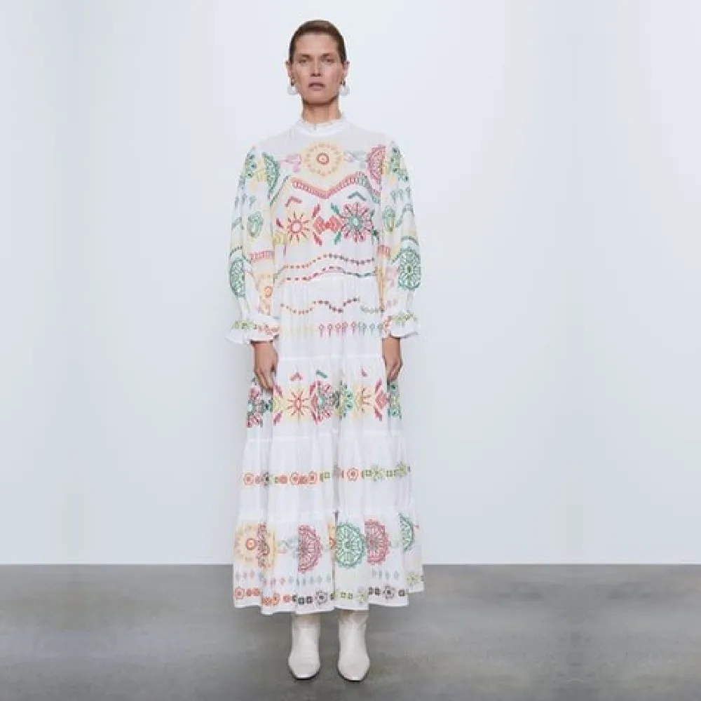 Женское винтажное платье макси белое Плиссированное длинное с цветочным принтом