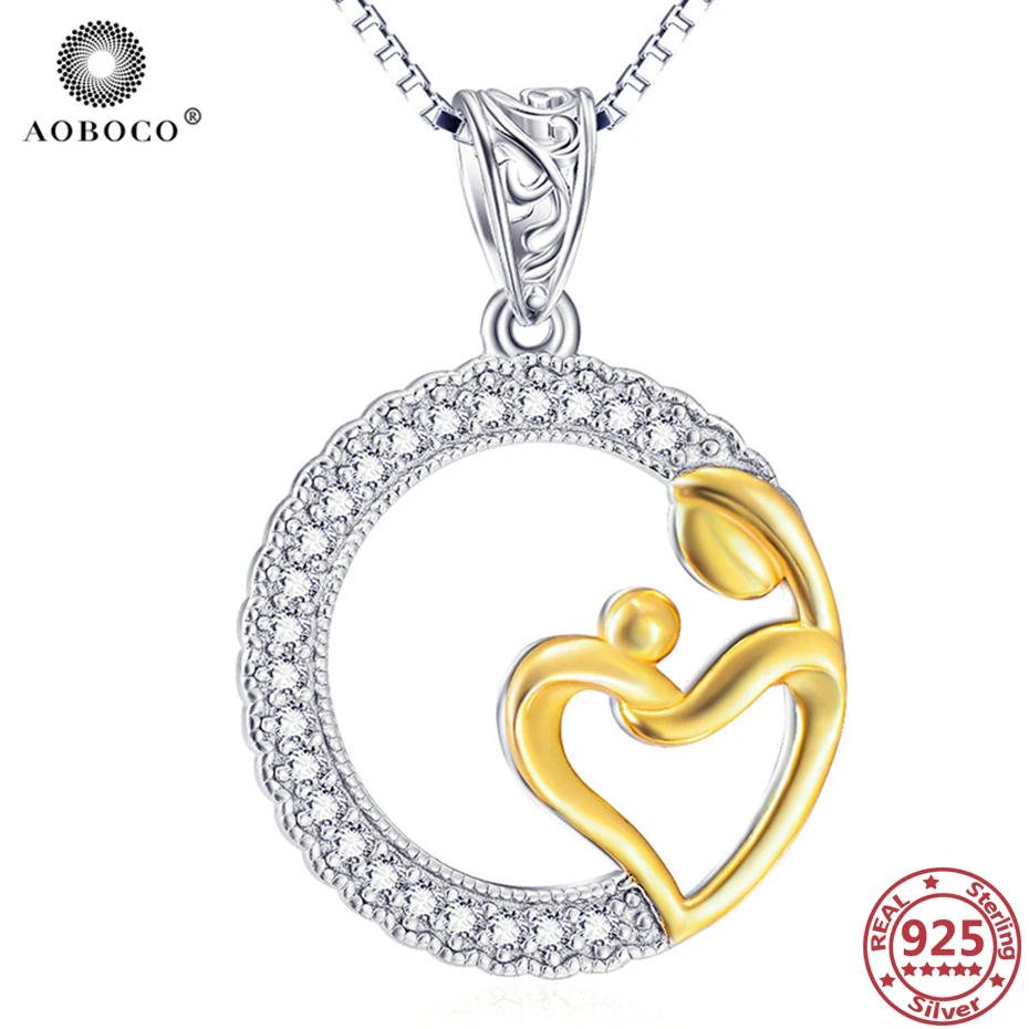 

AOBOCO 925 Sterling Silver Mom&Baby Heart Pendant Necklaces Crystal Zircon Necklace Mother's Day Gifts from Daughter Mom's Gifts