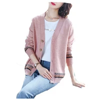 knitted cardigan sweater women 2021 new jacquard v neck long sleeved single breasted loose small fresh outer jacket m9