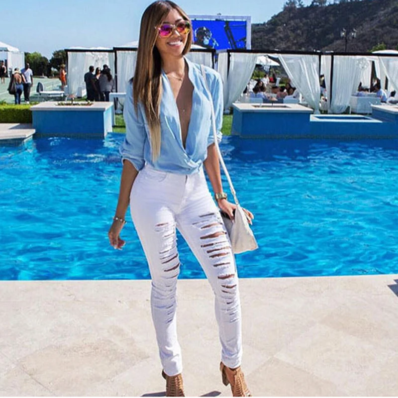 Узкие джинсы для женщин, новинка 2020, модные летние узкие джинсы, сексуальные джинсы с дырками, белые черные джинсы-карандаш со средней талие... от AliExpress WW