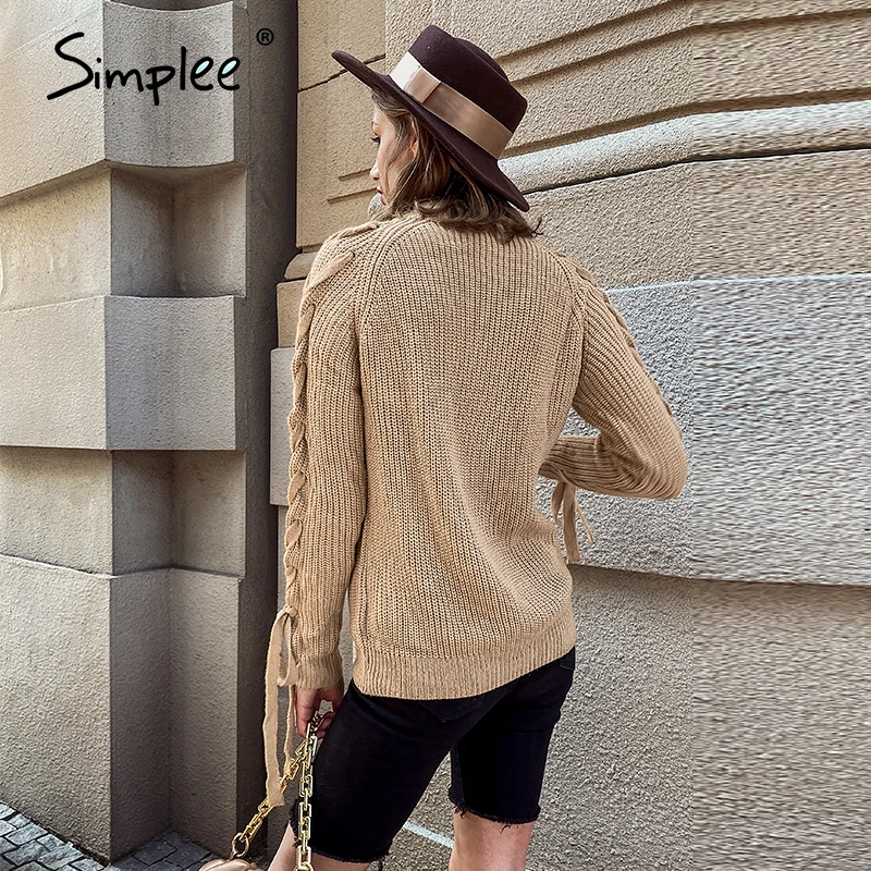 Женский вязаный свитер Simplee с круглым вырезом милый пуловер на завязке