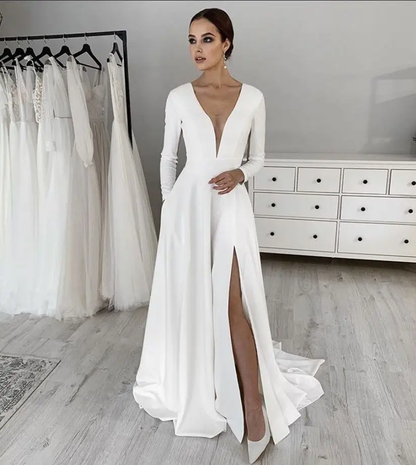 Stretch Satin Wedding dress платье wedding party Dress long sleeves Robe De Soiree свадебные платья bride to be