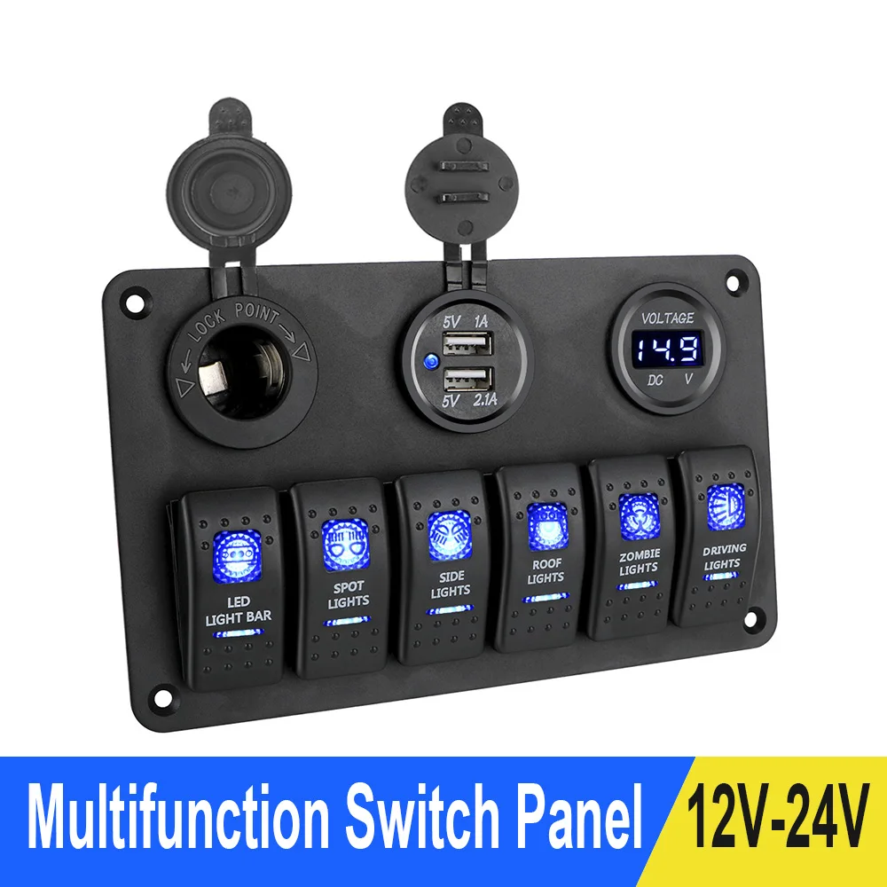 

12V/24V 6 Gang Switch Panel With Circuit Breaker Digital Voltmeter ON/OFF Lights Dual USB For Car Rv Truck Yacht Marine