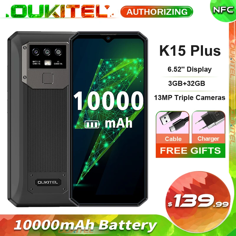 

OUKITEL K15 Plus 6.52'' 10000mAh Smartphone 3GB+32GB Quad Core Android 10.0 Face ID Unlock 13MP Triple Cameras Mobile Phone NFC